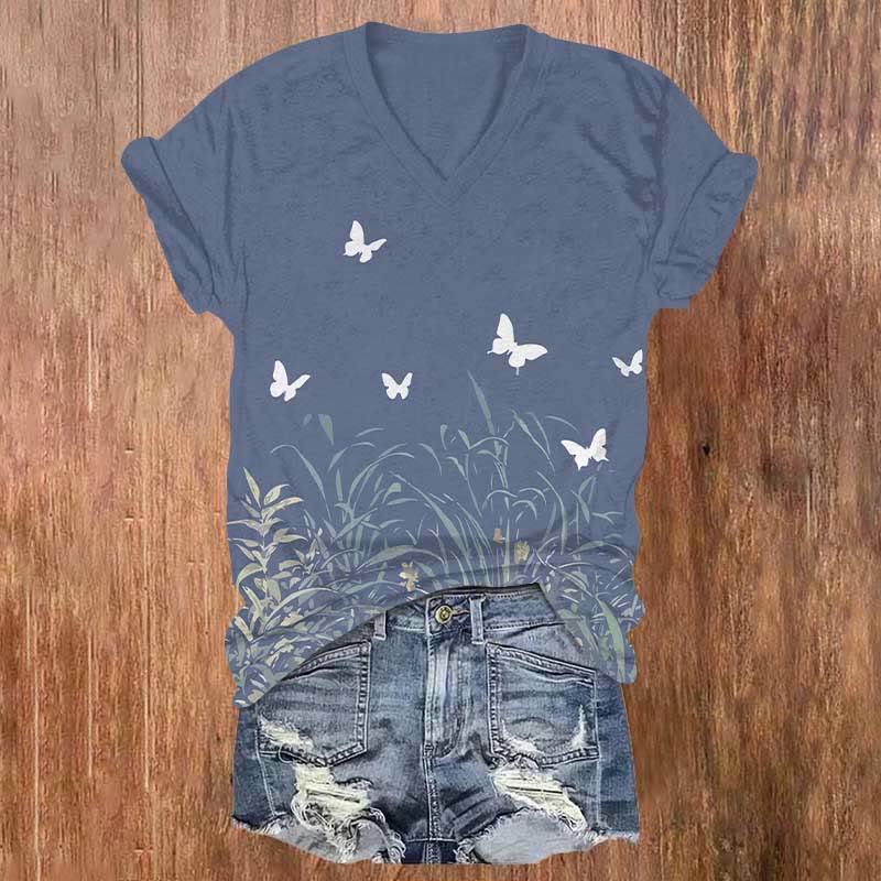 Cute White Butterfly & Flowers Print V-neck T-shirt - Light Blue - US32-34(5XL) - image 3