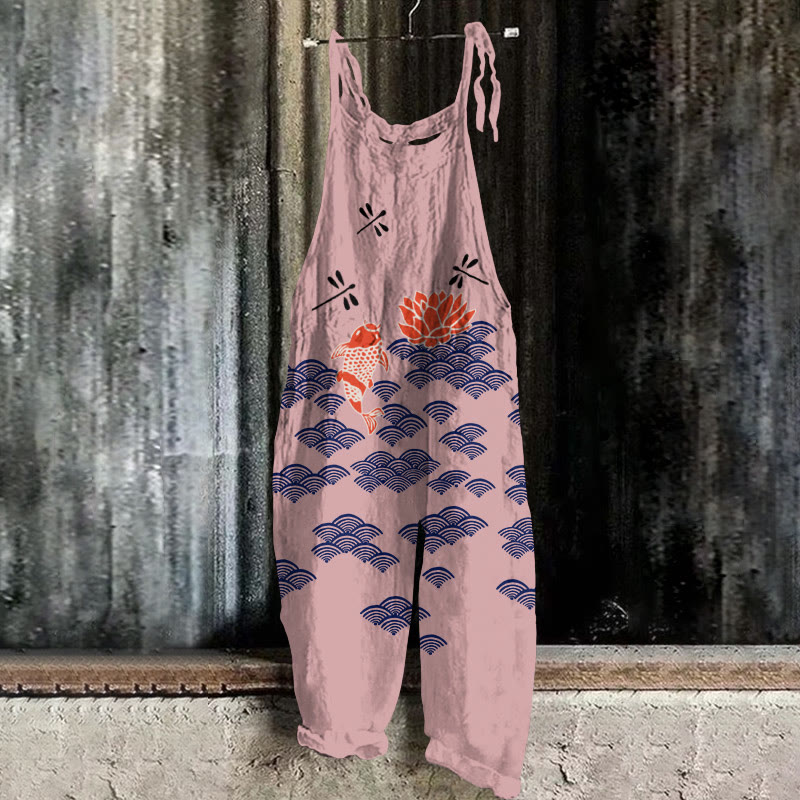 Japanese Style Koi Fish Dragonfly Wave Art Print Casual Jumpsuit  - Pink - 5XL - image 5