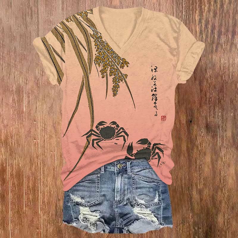 Ombre Japanese Vintage Crab In Lake Print V-neck T-shirt - Pink - US32-34(5XL) - image 3