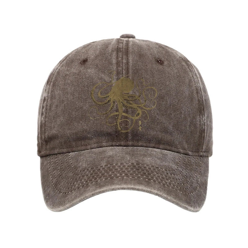 Unisex 100% Cotton Octopus Japanese Gold Print Tattoo Vintage Print Cap - Coffee - one size - image 3