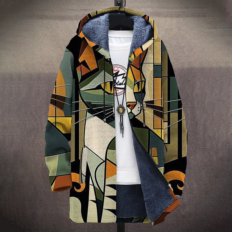 Retro Art Painting Colorful Cat Print Unisex Plush Thick Long-sleeved Fleece Jacket Coat - image 2