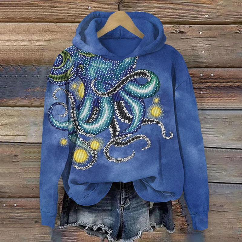 Vintage Shimmering Octopus Pattern Print Long Sleeve Hoodie - Blue - US44-46(8XL) - image 3