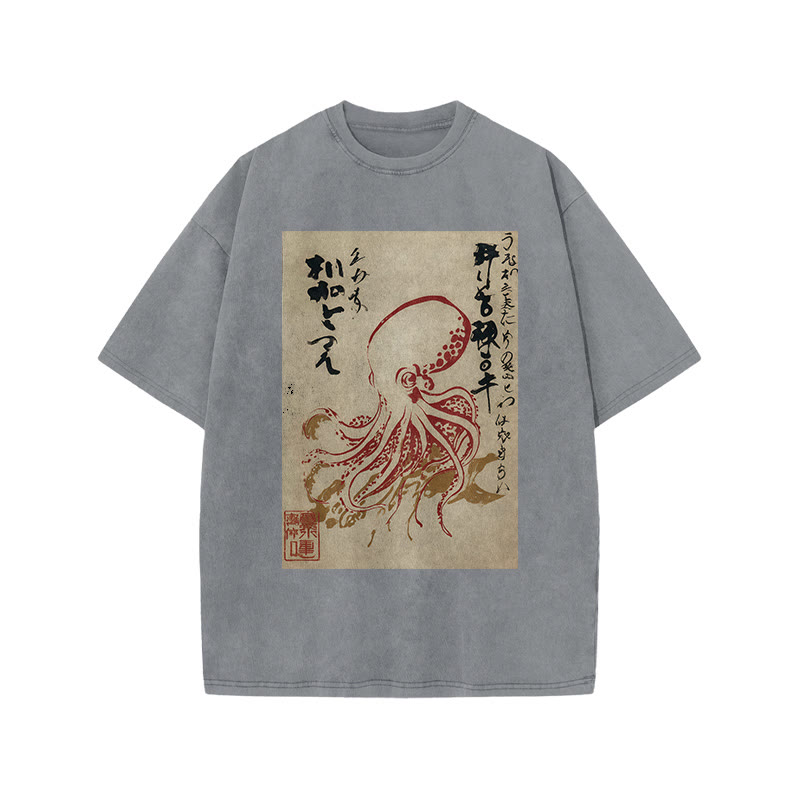 Japanese Retro Octopus Pattern Print Acid Washed T-shirt - Grey - US20-22(3XL) - image 4