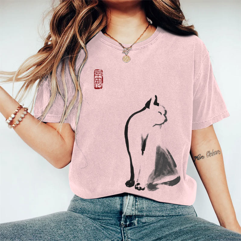 100% Cotton Women's Japanese Abstract Ink Painting Cat Art Print Casual T-shirt - Pink - 2XL - image 4