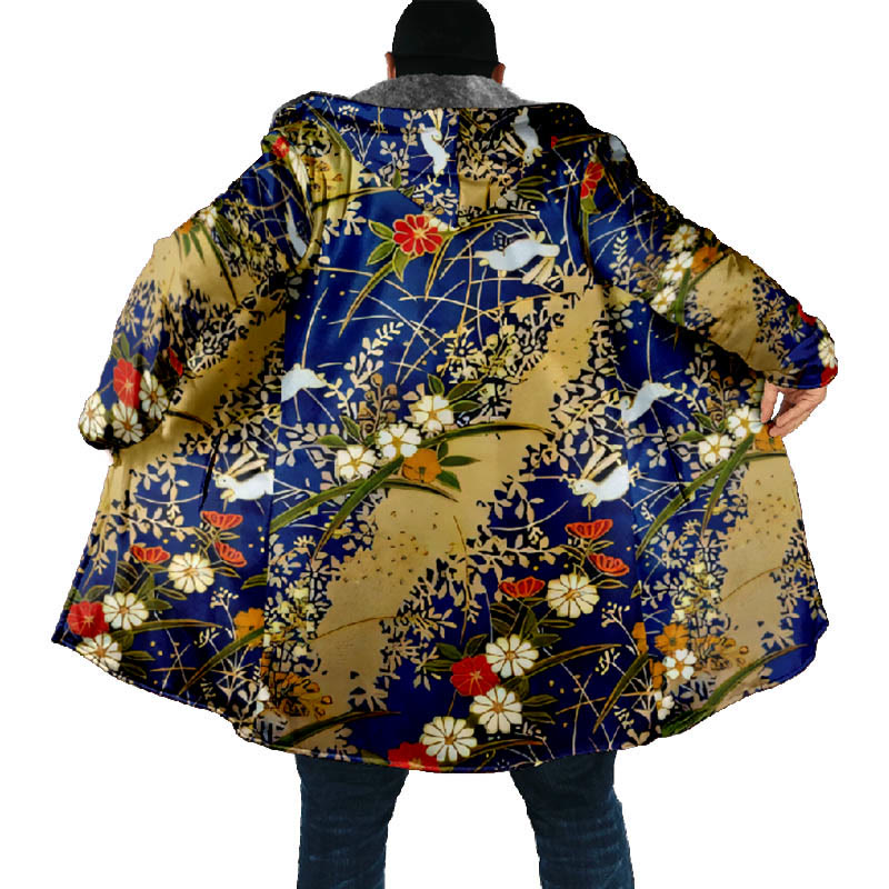 Retro Japanese Watercolor Floral Print Unisex Plush Thick Long-sleeved Fleece Jacket Coat - image 4