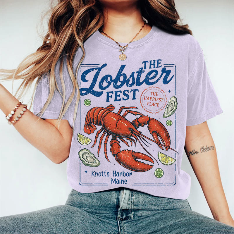 100% Cotton Women's The Lobster Fest Art Print Casual T-shirt - Purple - 2XL - image 9