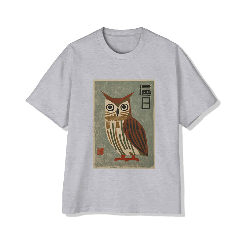 Japanese Vintage Owl Graphic Print Short Sleeved Crew Neck T-shirt - Grey - 2XL - image 4