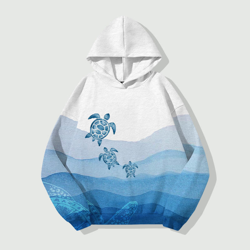 Ombre Watercolor Sea Turtle Art Print Long Sleeve Hoodie - Blue - US44-46(8XL) - image 3