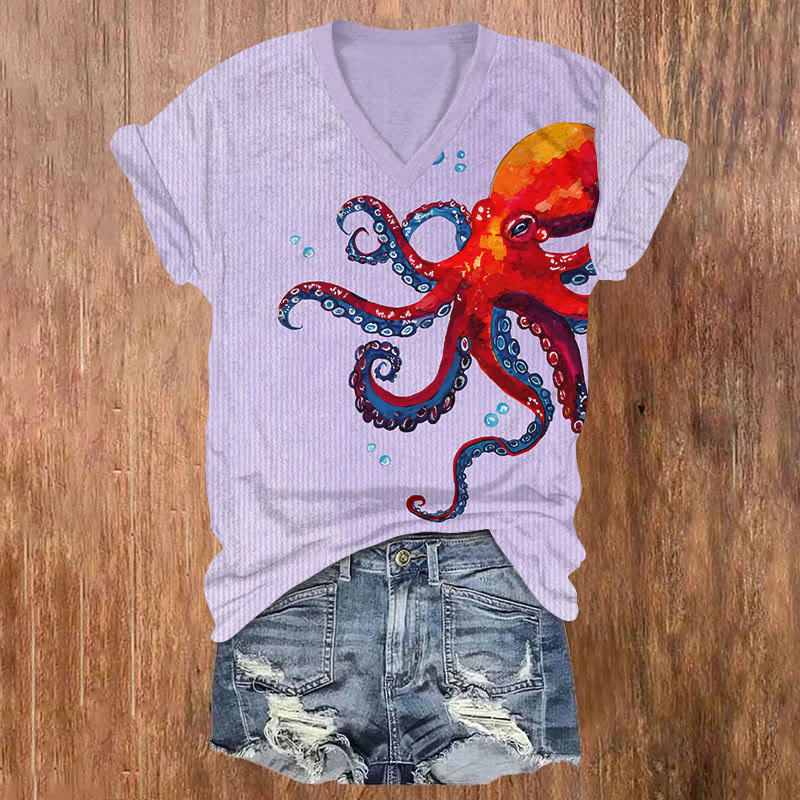 Vintage Ombre Octopus Art T-shirt - Purple - US32-34(5XL) - image 2