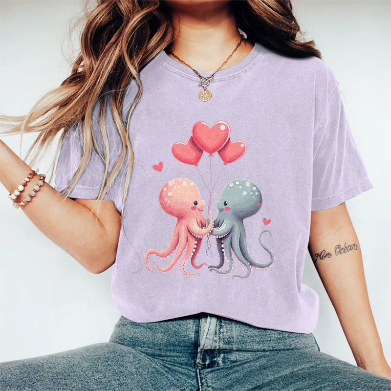 100% Cotton Valentine's Day Octopus Heart T-shirt - Purple - 2XL - image 9