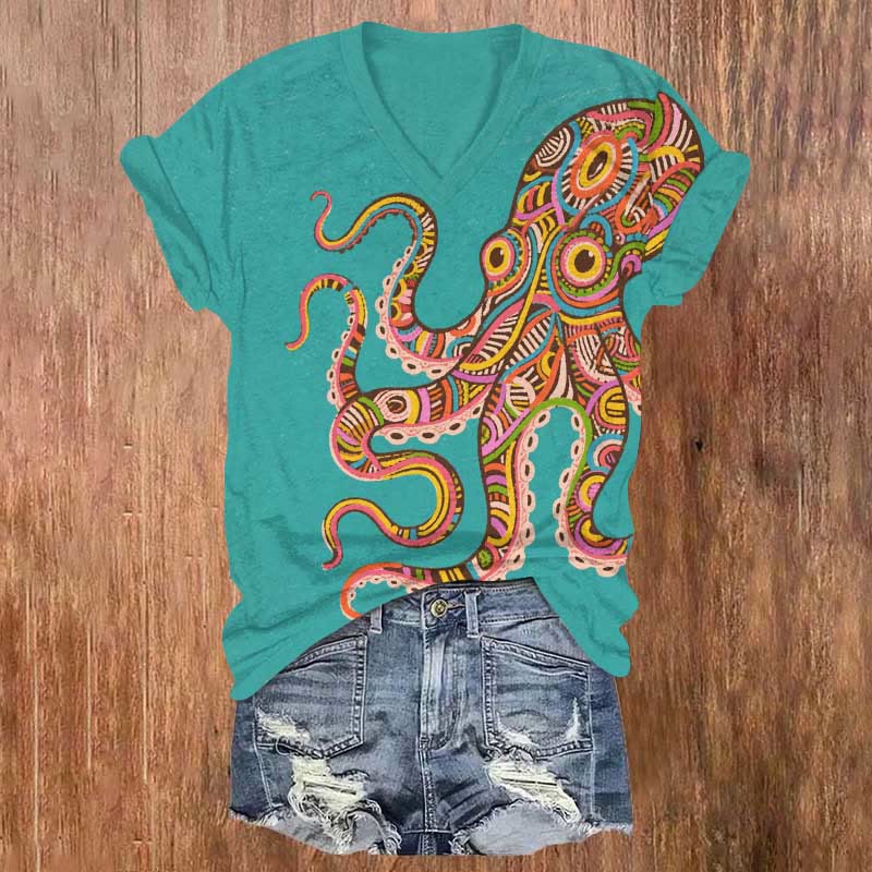 Rainbow Striped Octopus Art Print V-neck T-shirt - Green - US32-34(5XL) - image 2