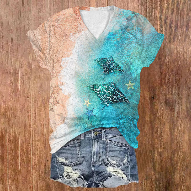 Ocean Whale Shark Print T-shirt - Blue - 5XL - image 1