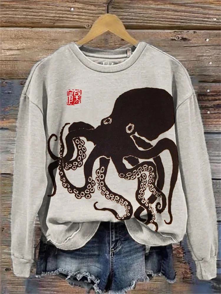 Octopus Japanese Lino Art Vintage Print Sweatshirt - Black - 5XL - image 2