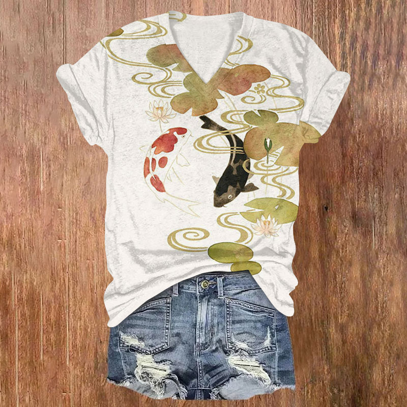 Vintage Japanese Koi Art Print T-shirt - Apricot - 5XL - image 1