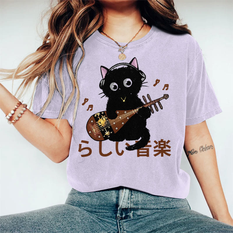 100% Cotton Women's Japanese Black Cat Playing Guitar Art Print Casual T-shirt - Purple - 2XL - image 4