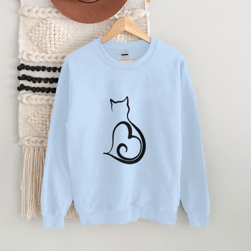100% Cotton Japanese Simple Lines Love Cat Print Casual Fleece Sweatshirt