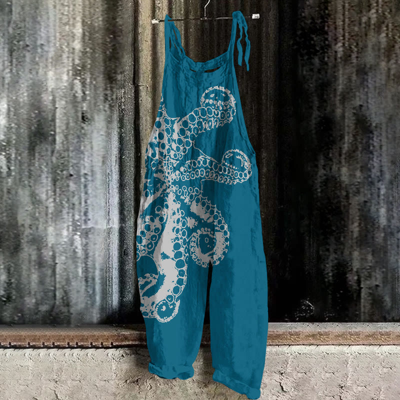 Octopus Asymmetric Print Casual Jumpsuit  - Blue - 5XL - image 2