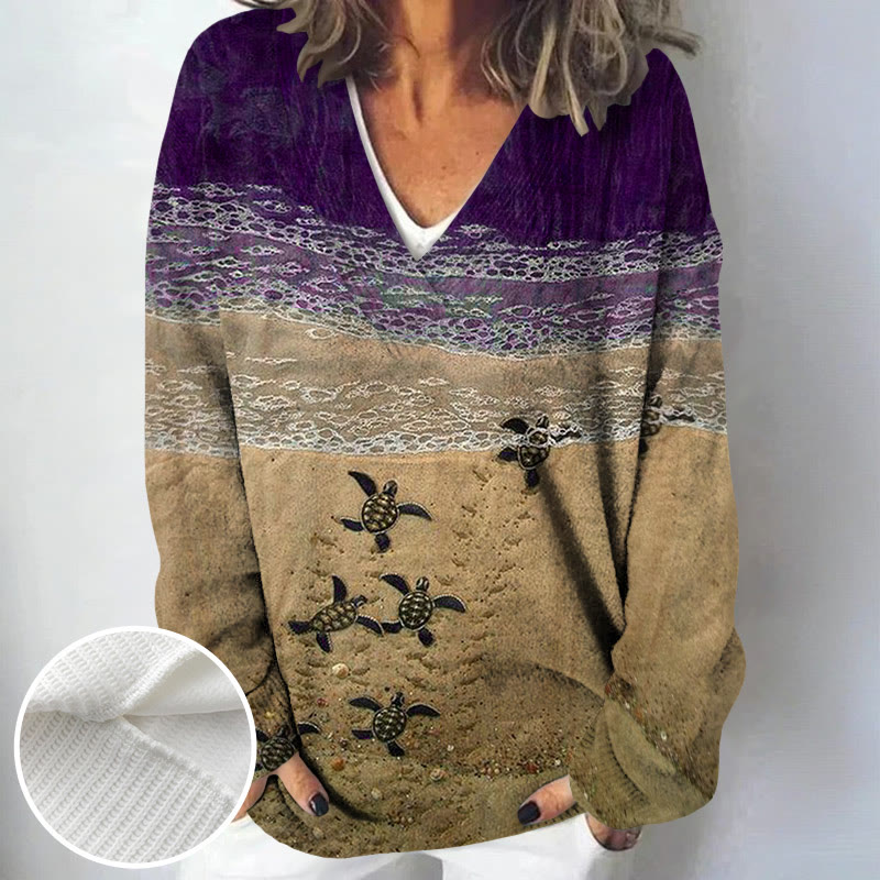 Women's Baby Sea Turtles Beach Fiber Art Print Causal V-neck Pullover Sweater - Purple - 4XL - image 2