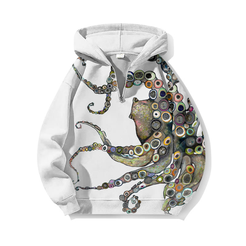 Colorful Octopus Oil Painting Print Half Zip Hoodie - White - US32-34(5XL) - image 4