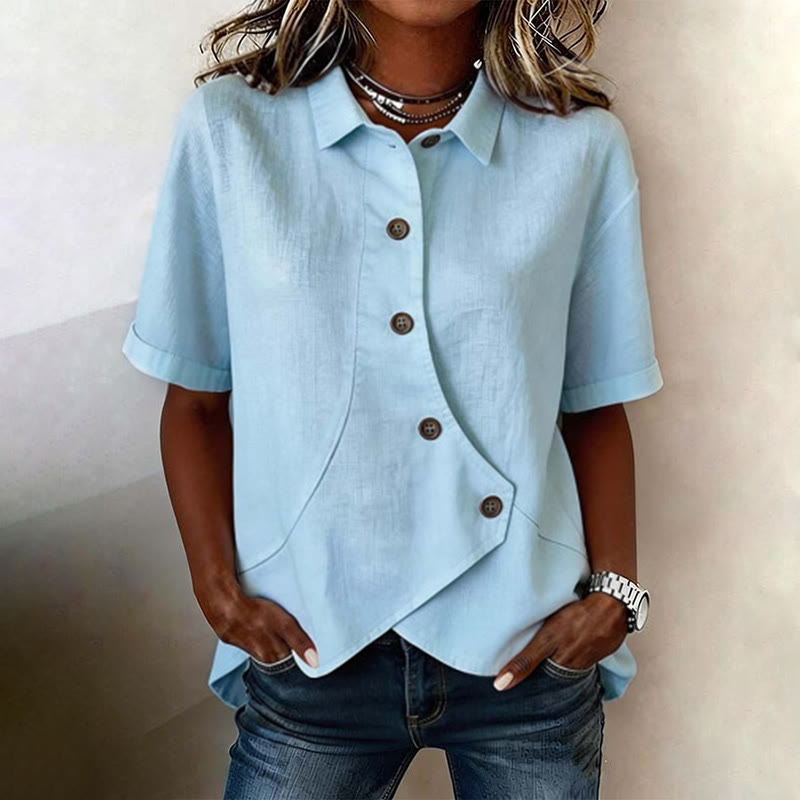 Elegant Solid Collared Button-up Short Sleeve Blouse - Blue - 3XL - image 3