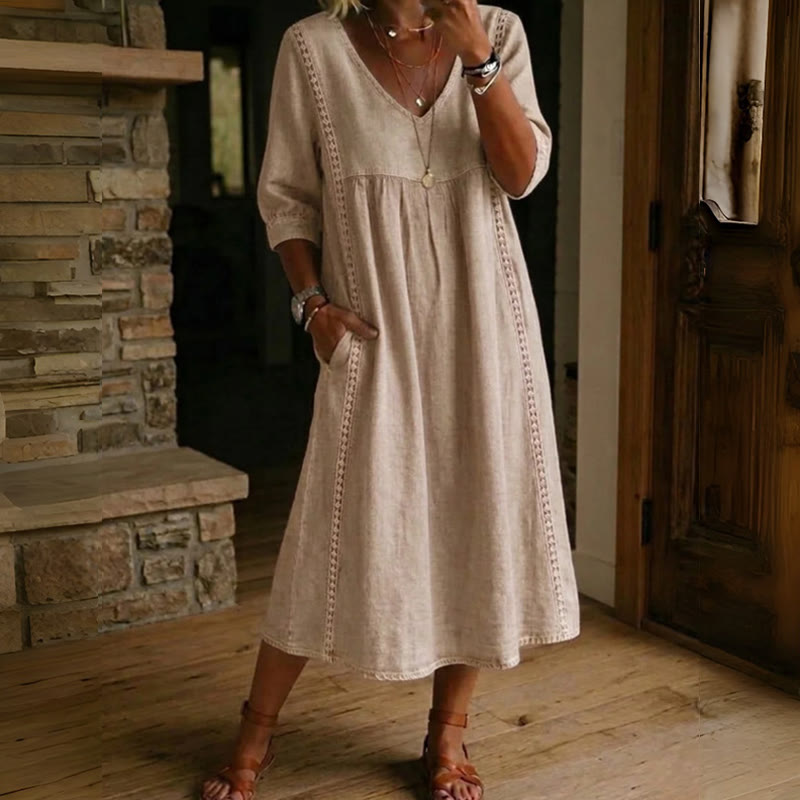 Elegant Solid V-neck Half Sleeve Maxi Dress - Khaki - 3XL - image 7