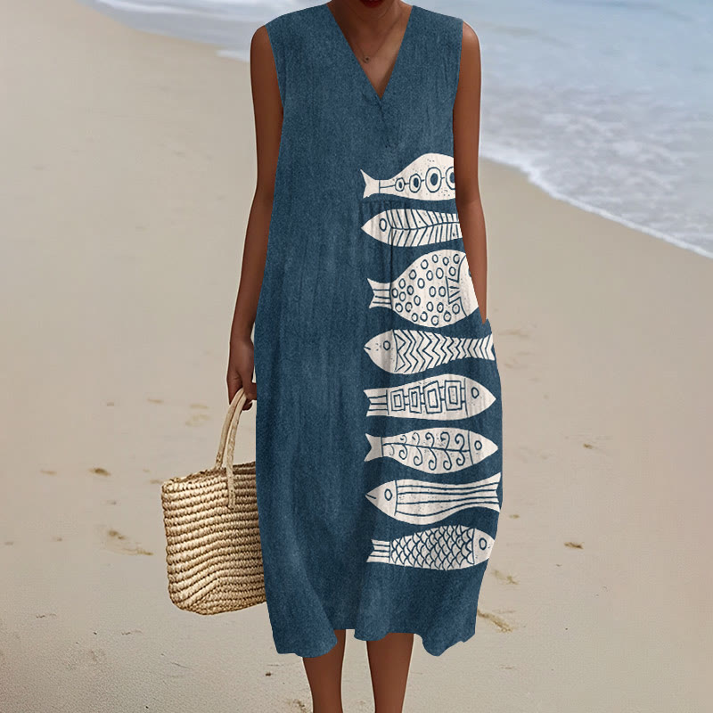 Fish Japanese Lino Art Print V-neck Sleeveless Dress - Blue - 5XL - image 3