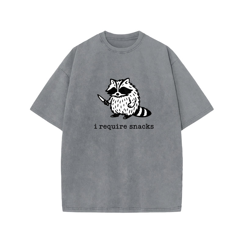  Funny Raccoon I Require Snacks print Acid Washed T-shirt - Grey - US20-22(3XL) - image 4
