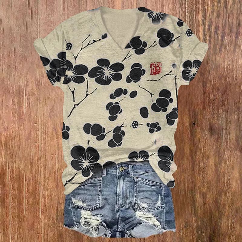 Cherry Blossom Japanese Lino Art Vintage Print Casual V-neck T-shirt