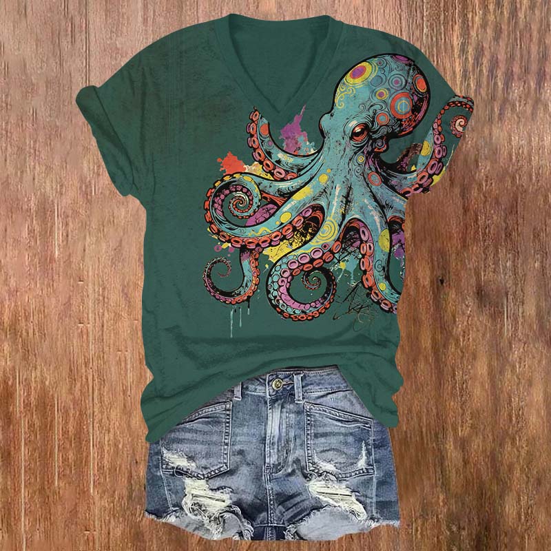 Colorful Geometric Octopus Art Print V-neck T-shirt - Green - US32-34(5XL) - image 2