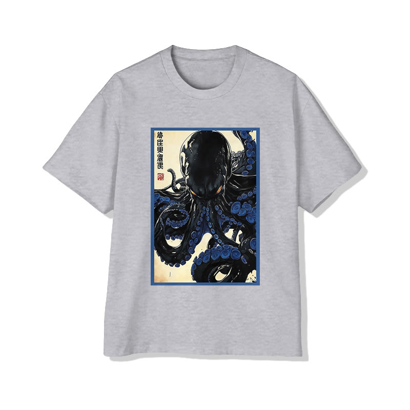 Unisex Japanese Ink Octopus Art Pattern Cotton Print T-shirt - Grey - US20-22(3XL) - image 3