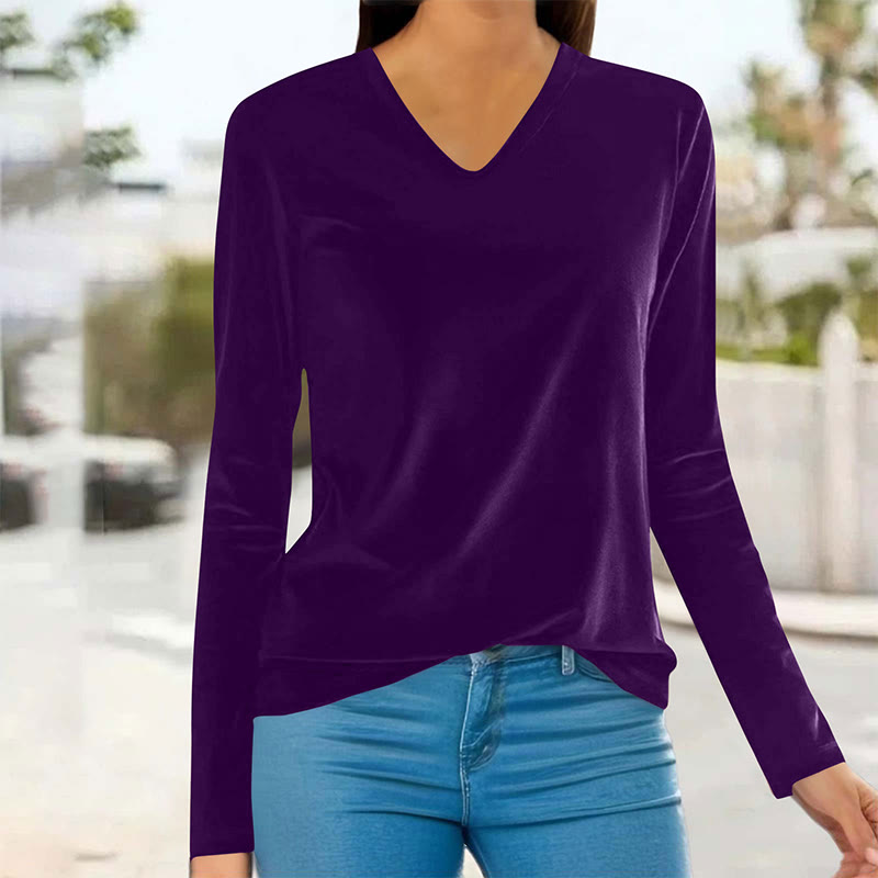 Velvet Solid Color Women's Versatile Slim Fit Long Sleeve V-Neck T-Shirt - Purple - 3XL - image 6