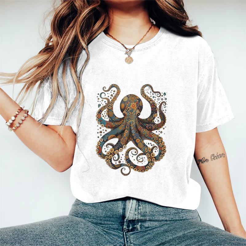100% Cotton Vintage Flower Patterns Floral Octopus T-shirt - White - 2XL - image 2