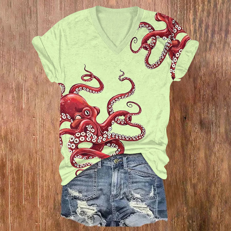 Funny Red Octopus Art T-shirt - Green - US32-34(5XL) - image 2