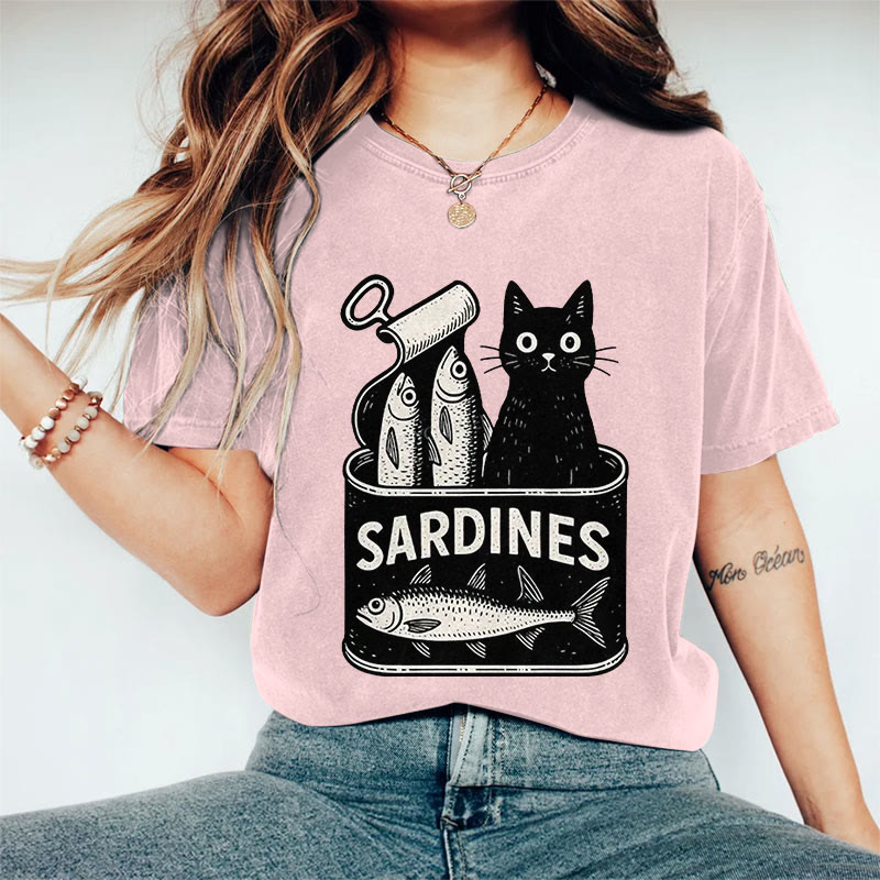 100% Cotton Women's Lovely Canned Sardines & Black Cat Art Print Casual T-shirt - image 8