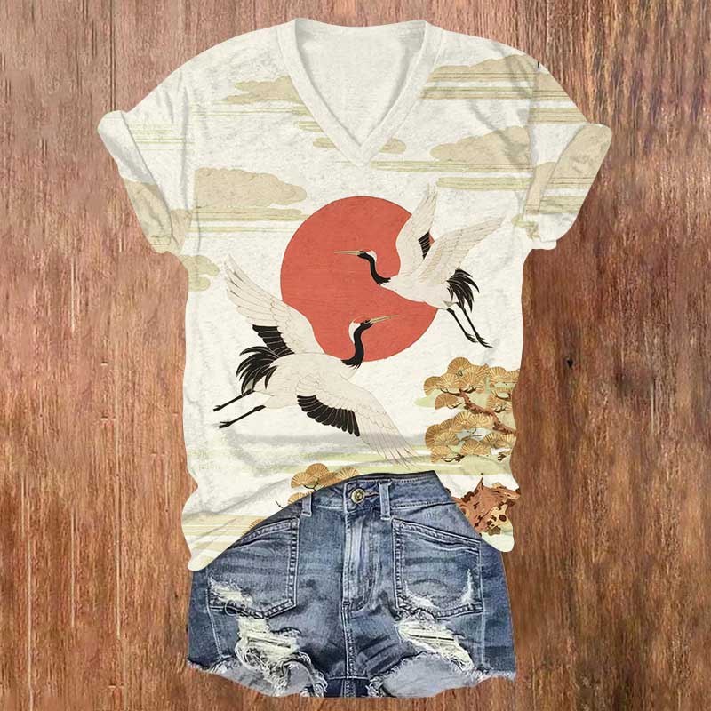 Japanese Vintage Crane Flying Around The Sun Print V-neck T-shirt - White - US32-34(5XL) - image 5