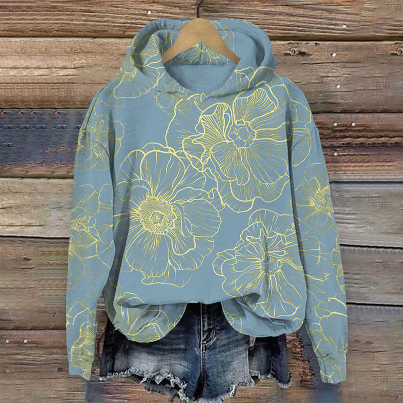 Floral Line Japanese Retro Art Print Long Sleeve Hoodie - Light Blue - 8XL - image 4