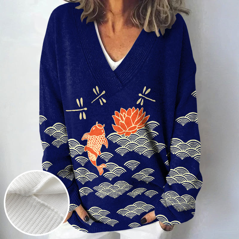Japanese Style Koi Fish Dragonfly Wave Art Print Causal V-neck Pullover Sweater - image 9