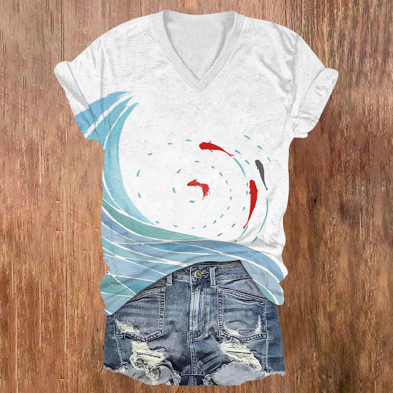 Vintage Ocean Wave Goldfish Circle Art T-shirt - White - US32-34(5XL) - image 3