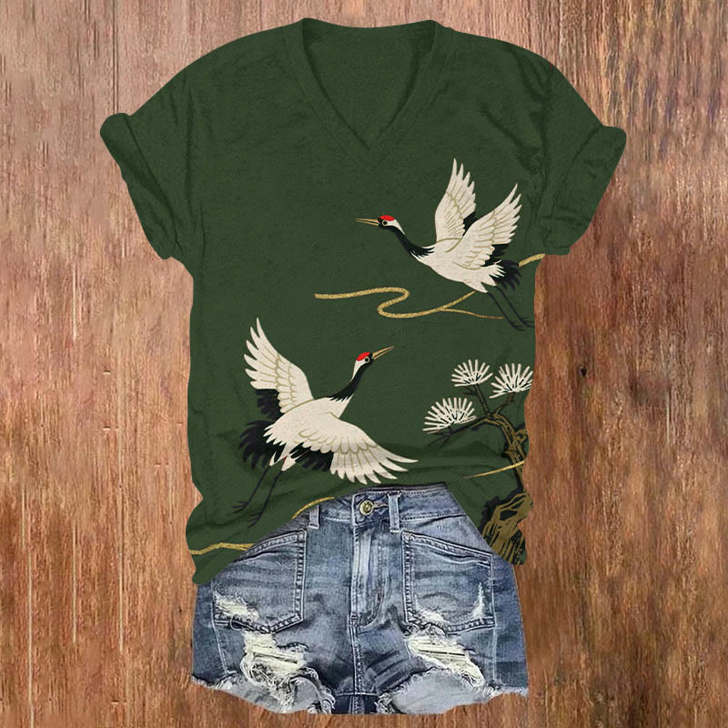 Japanese Vintage White Crane Art Print V-neck T-shirt - Green - US32-34(5XL) - image 5