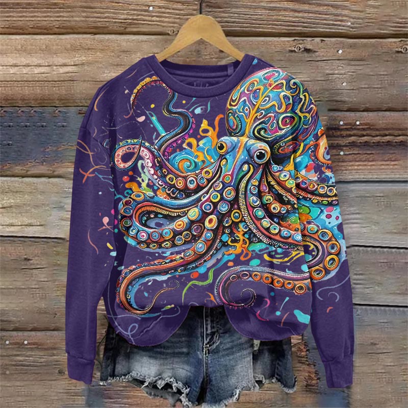Vintage Rainbow Octopus Art Print Sweatshirt - Purple - 5XL - image 7