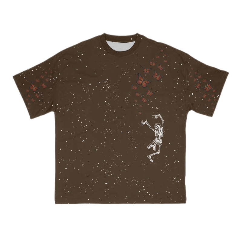 Unisex Dancing Skeleton Butterfly Print T-shirt - Coffee - 8XL - image 5