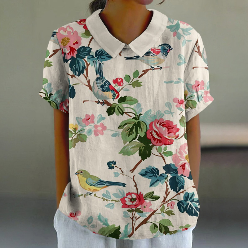 Painted Flower And Bird Motif Print Casual Lapel Loose Blouse - Beige - 6XL - image 1