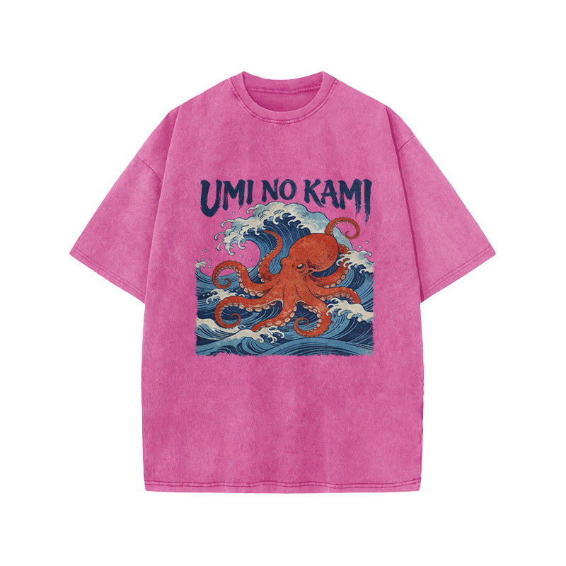 Japanese Ocean Wave Octopus Print Acid Washed T-shirt - Pink - US20-22(3XL) - image 3