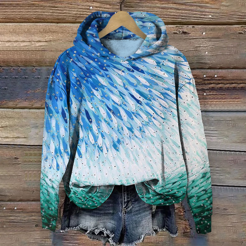 Artistic Gradient Fish Painting Long Sleeve Hoodie - Blue - 8XL - image 1