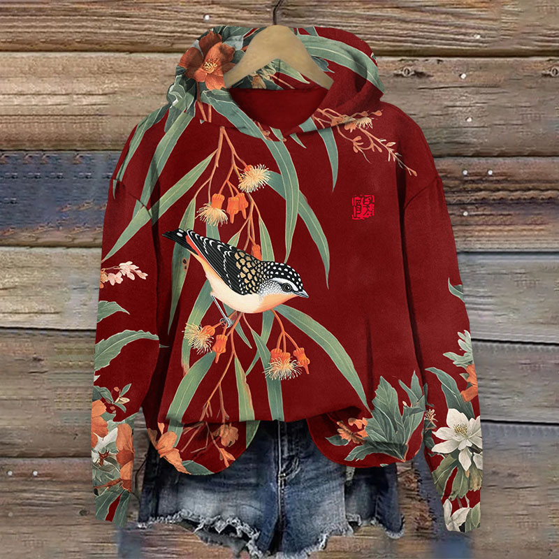 Japanese Vintage Little Bird Pattern Print Long Sleeved Hoodie - Red - US44-46(8XL) - image 3