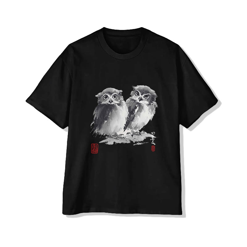 Japanese Owl Ink Painting Art Print Short Sleeved Crew Neck T-shirt - Black - 2XL - image 4