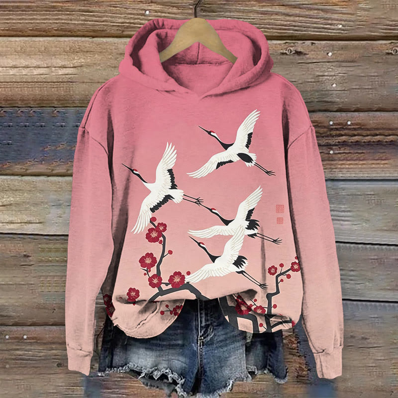 Japanese Ombre Cartoon White Cranes & Floral Art Print Long Sleeve Hoodie - Pink - US44-46(8XL) - image 3