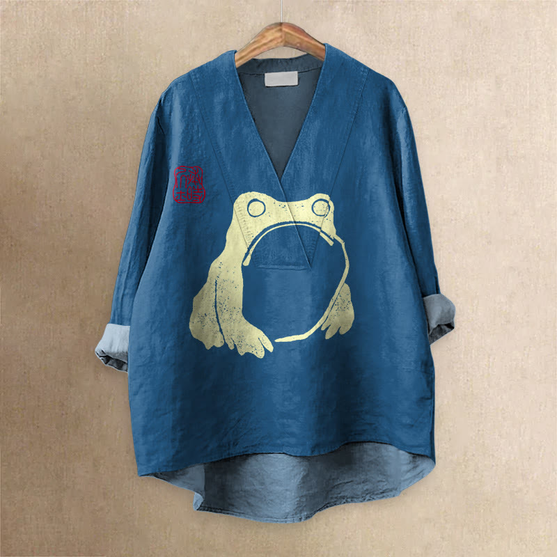 Frog Ancient Japanese Art Printed Casual V-neck Blouse - Blue - 6XL - image 4