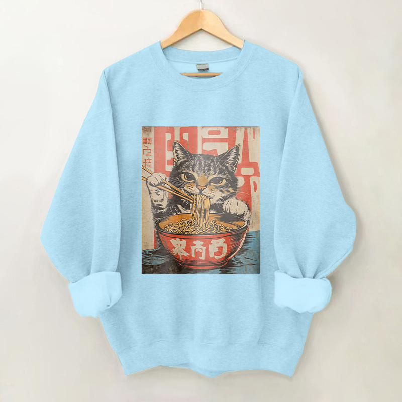 100% Cotton Japanese Cat Eating Ramen Print Crew Neck Sweatshirt - Blue - 2XL - image 2