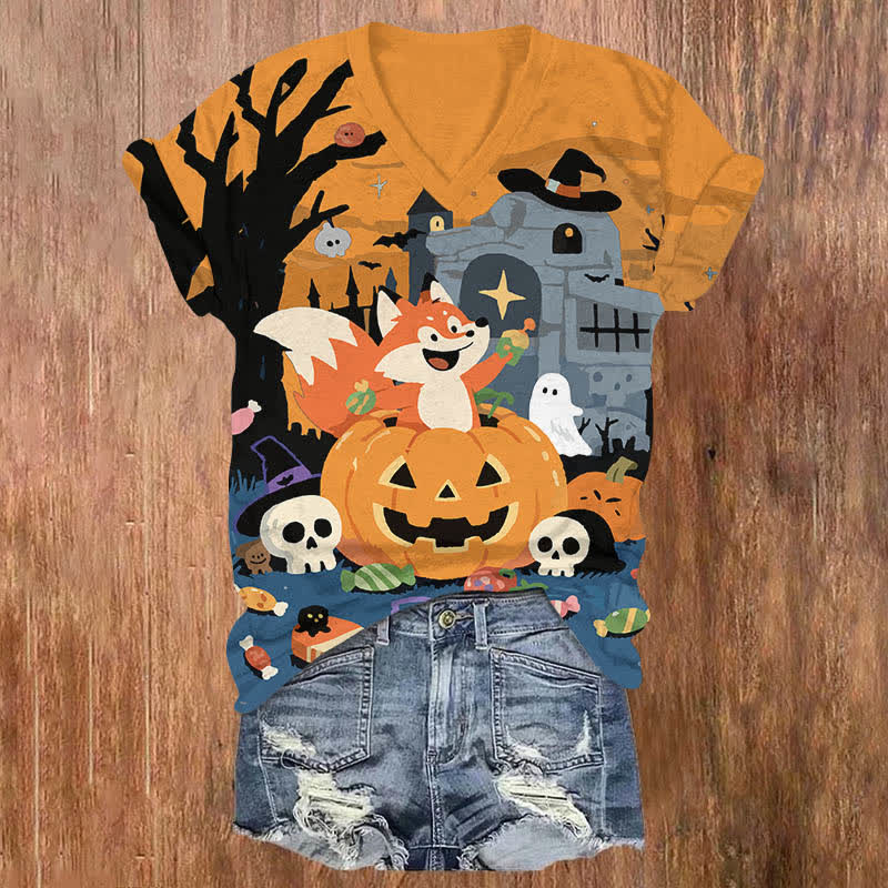 Halloween Cartoon Fox In A Pumpkin Print V-neck T-shirt - Orange - US32-34(5XL) - image 5